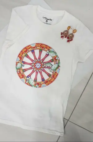 T-shirt con ruota carretto siciliano e cactus. tessuto elasticizzato Spedizione Gratuita
