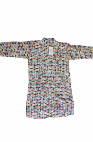 Caftano camicione fantasia pesci multicolor con bottoni,tessuto coprente,manica 3 quarti con bottoncino per far manica corta.presenza di decorazioni con microperline.taglie: S/M; L/XL100% cotone Spedizione Gratuita