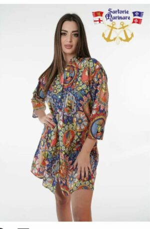 Caftano camicione fantasia Pupi Siciliani con bottoni, tessuto coprente,manica 3 quarti con bottoncino per far manica corta.presenza di decorazioni con microperline. taglie: s/m; l/xl 100% cotone Spedizione Gratuita