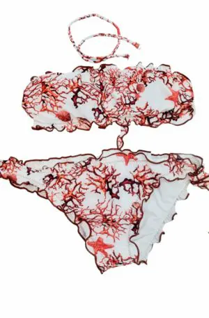 Bikini a fascia imbottita ,possibilità di mettere laccetto, slip regolabile con riccio.
Fantasia corallo rosso Spedizione Gratuita