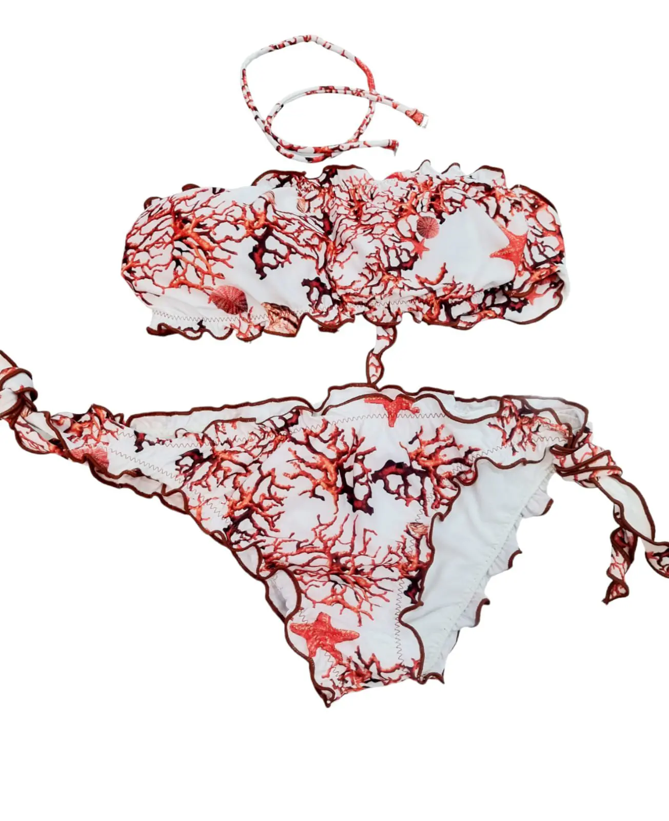 Bikini a fascia imbottita ,possibilità di mettere laccetto, slip regolabile con riccio.
Fantasia corallo rosso Spedizione Gratuita