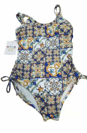 Costume intero con coppe estraibili ,bratelline regolabili, coprente. Fantasia  maiolica Spedizione Gratuita