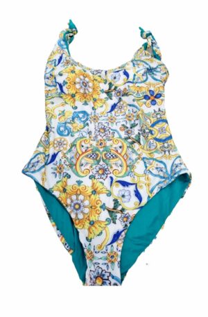 Costume intero reversibile con bratelline regolabili con fiocco e coppe interne.
Fantasia vietri e verde Spedizione Gratuita