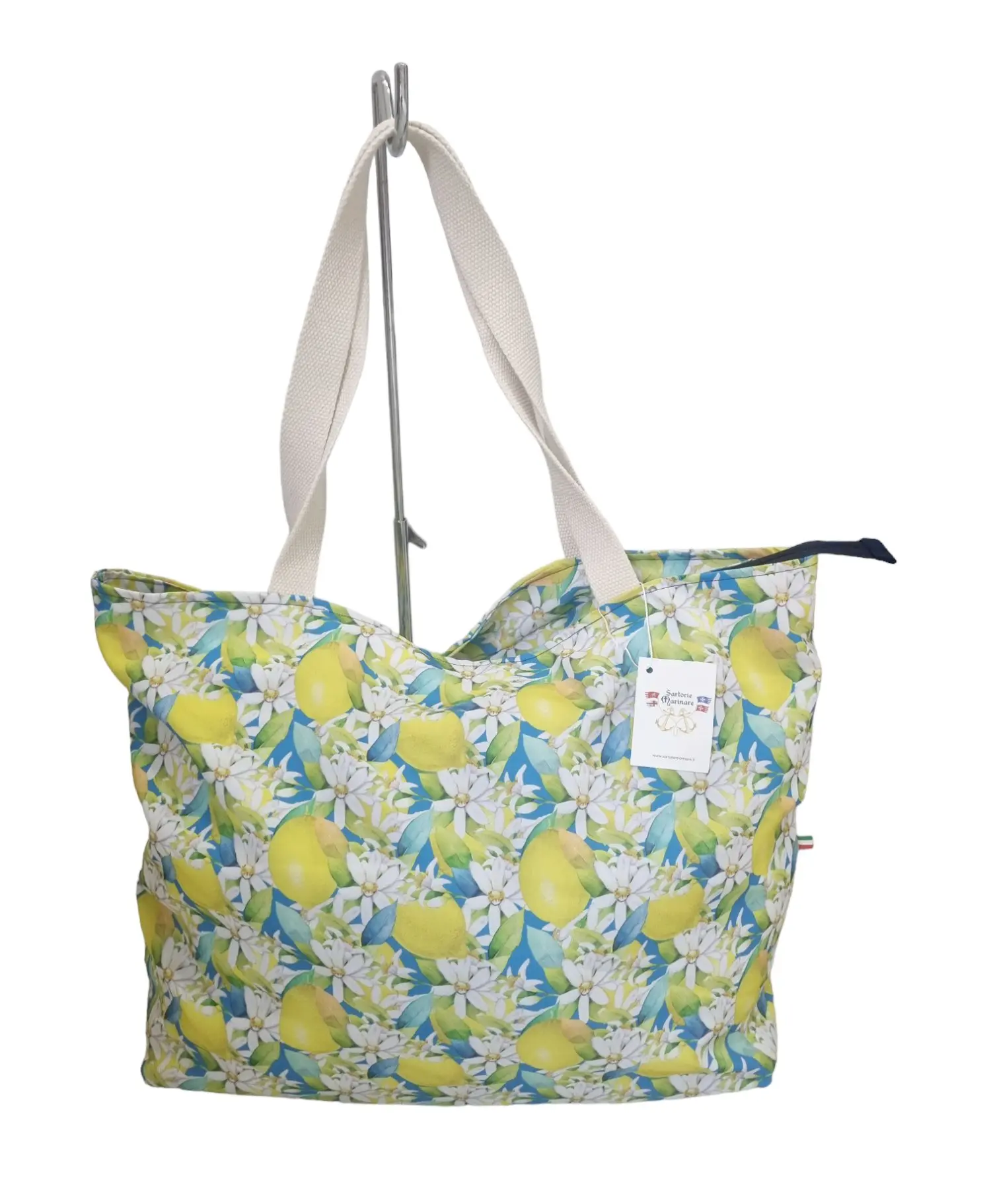 Borsa shopper grande da spiaggia in poliestere con fantasia zagara, fatta a mano in Italia Spedizione Gratuita