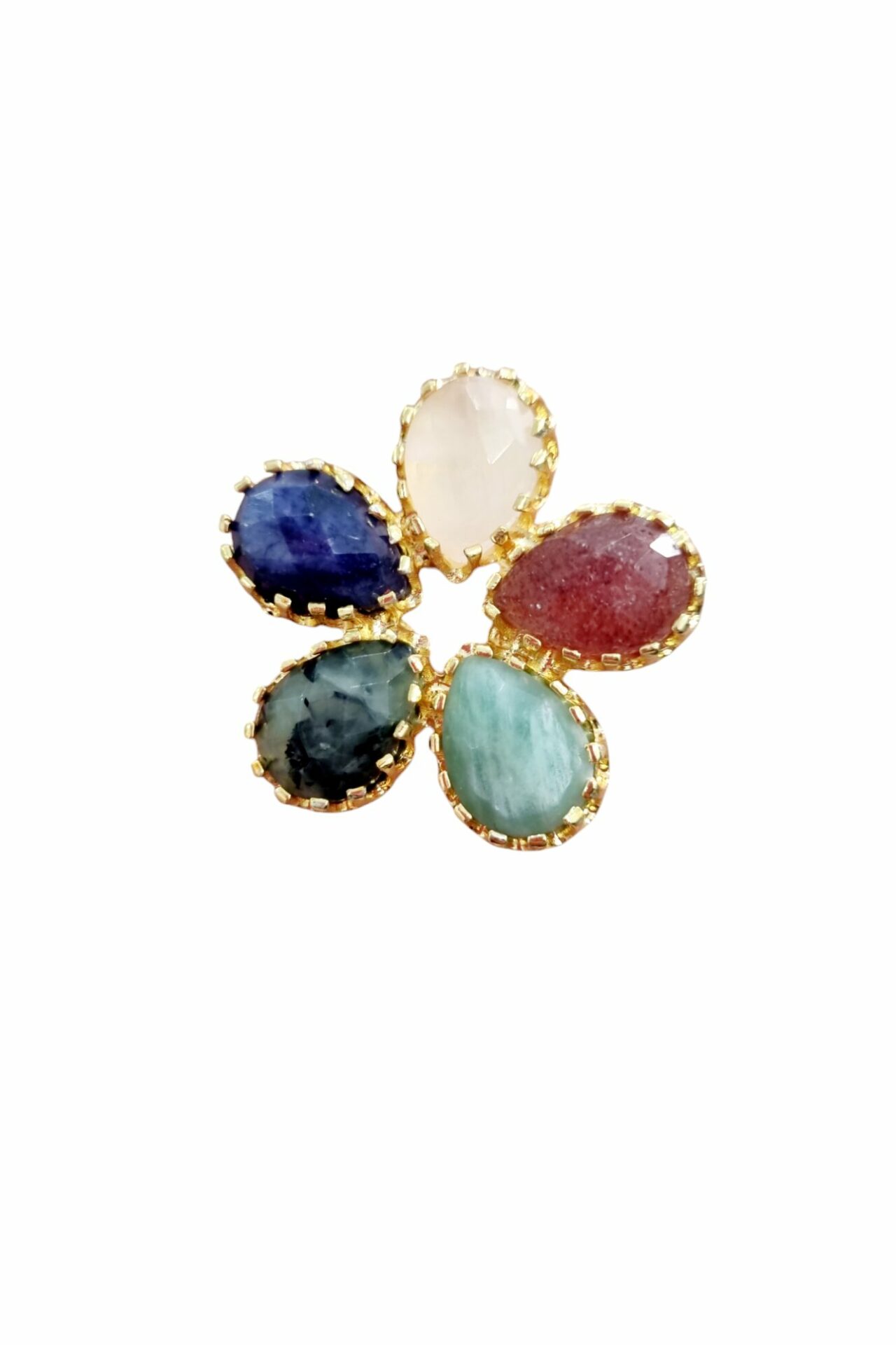 Anello regolabile fiore realizzato su ottone con petali di pietre dure naturali incastonate: lapislazzuli, quarzo rosa, amazzonite, prehnite e aragonite Spedizione Gratuita Anello regolabile fiore realizzato su ottone con petali di pietre dure naturali incastonate: lapislazzuli, quarzo rosa, amazzonite, prehnite e aragonite Spedizione Gratuita