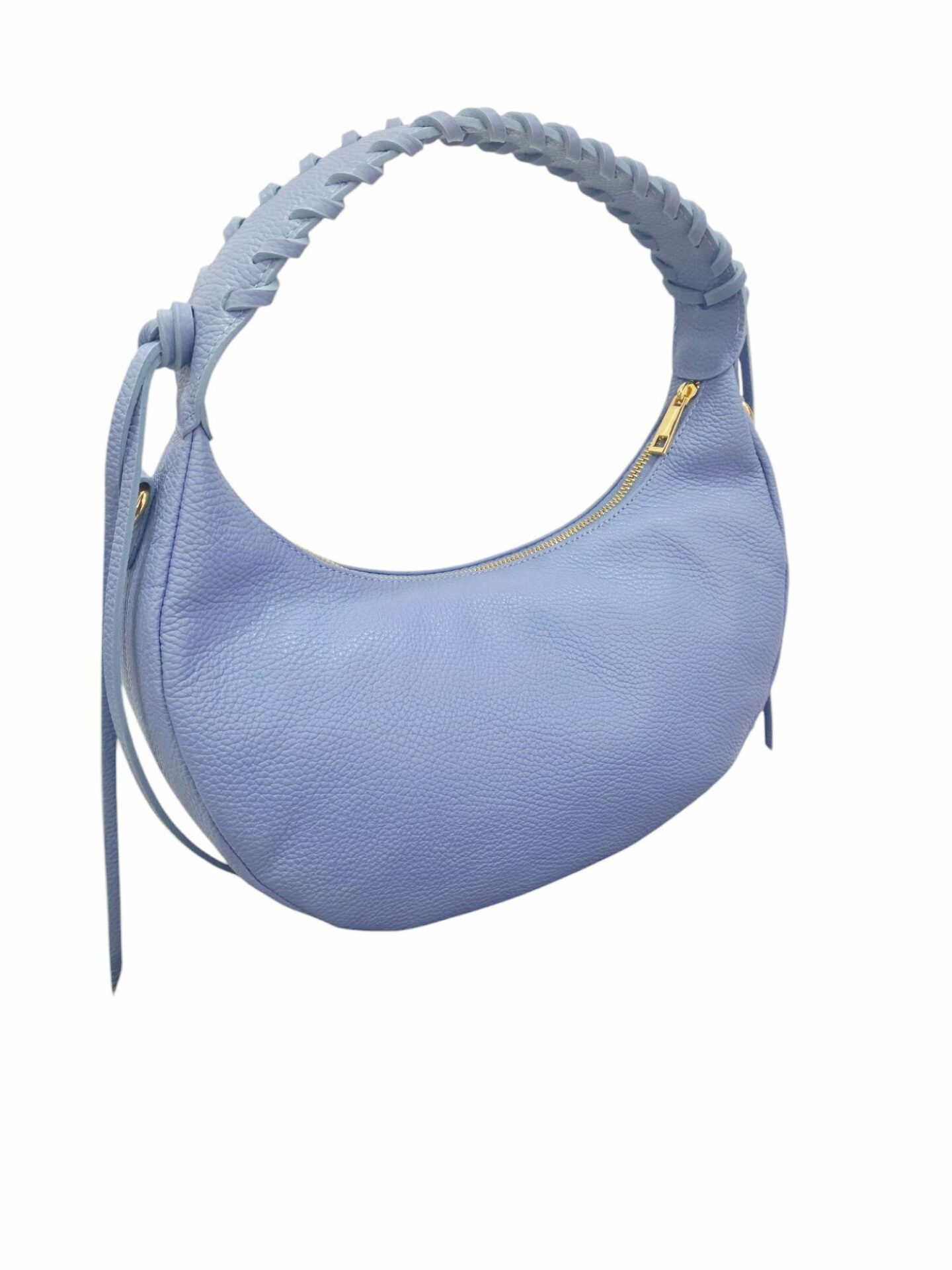 Half-moon bag in genuine leather, made in Italy, with woven handle, zip opening, lined interior, single compartment with side pockets, external pocket with zip, equipped with shoulder strap. Free shipping Borsa mezza luna in vera pelle, made Italy, con manico intrecciato ,apertura con zip, interno foderato unico scomparto con tasche laterali, tasca esterna con zip,dotata di tracolla. Spedizione Gratuita