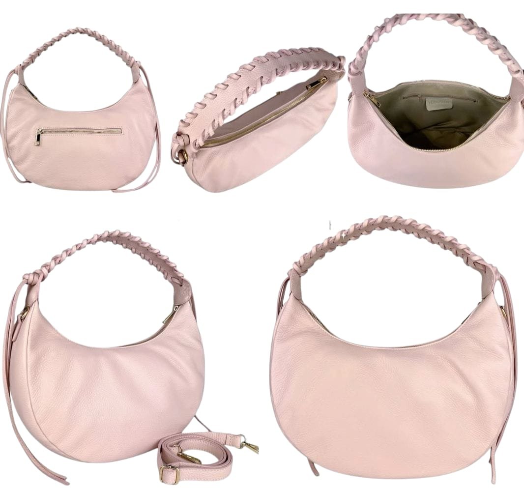 Half-moon bag in genuine leather, made in Italy, with woven handle, zip opening, lined interior, single compartment with side pockets, external pocket with zip, equipped with shoulder strap. Free shipping Borsa mezza luna in vera pelle, made Italy, con manico intrecciato ,apertura con zip, interno foderato unico scomparto con tasche laterali, tasca esterna con zip,dotata di tracolla. Spedizione Gratuita