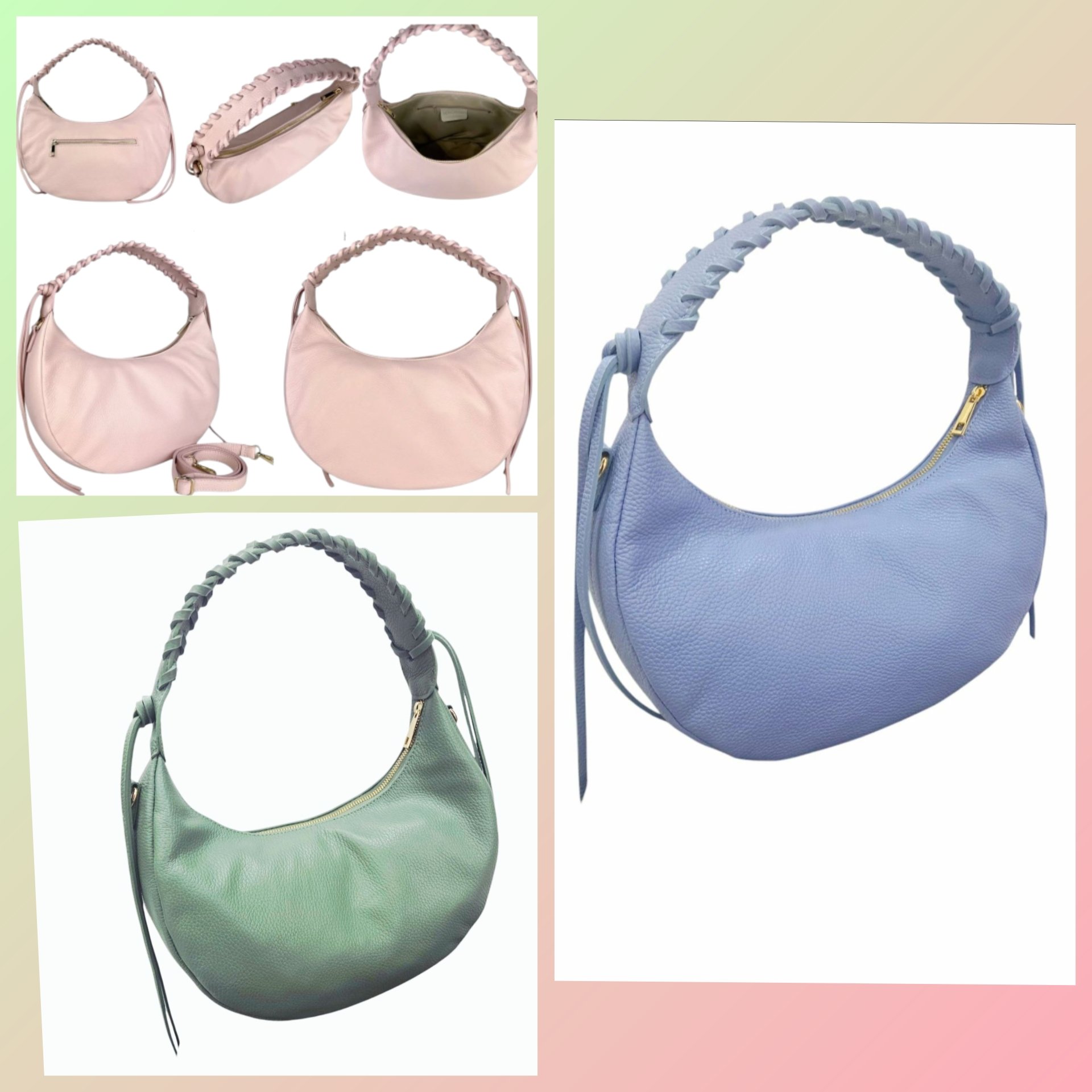 Half-moon bag in genuine leather, made in Italy, with woven handle, zip opening, lined interior, single compartment with side pockets, external pocket with zip, equipped with shoulder strap. Free shipping Borsa mezza luna in vera pelle, made Italy, con manico intrecciato ,apertura con zip, interno foderato unico scomparto con tasche laterali, tasca esterna con zip,dotata di tracolla. Spedizione Gratuita