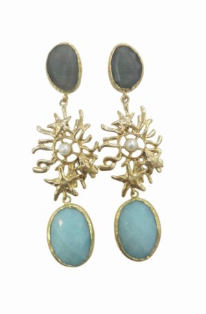 Orecchini  realizzati con ottone, occhio di gatto ed agata lunghezza 9cm peso 14gr Spedizione Gratuita