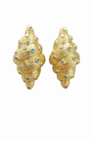 Orecchini  conchiglie lobo in ottone con striature e zirconi turchesi incastonati lunghezza 3.5cm peso 8.4gr Spedizione Gratuita