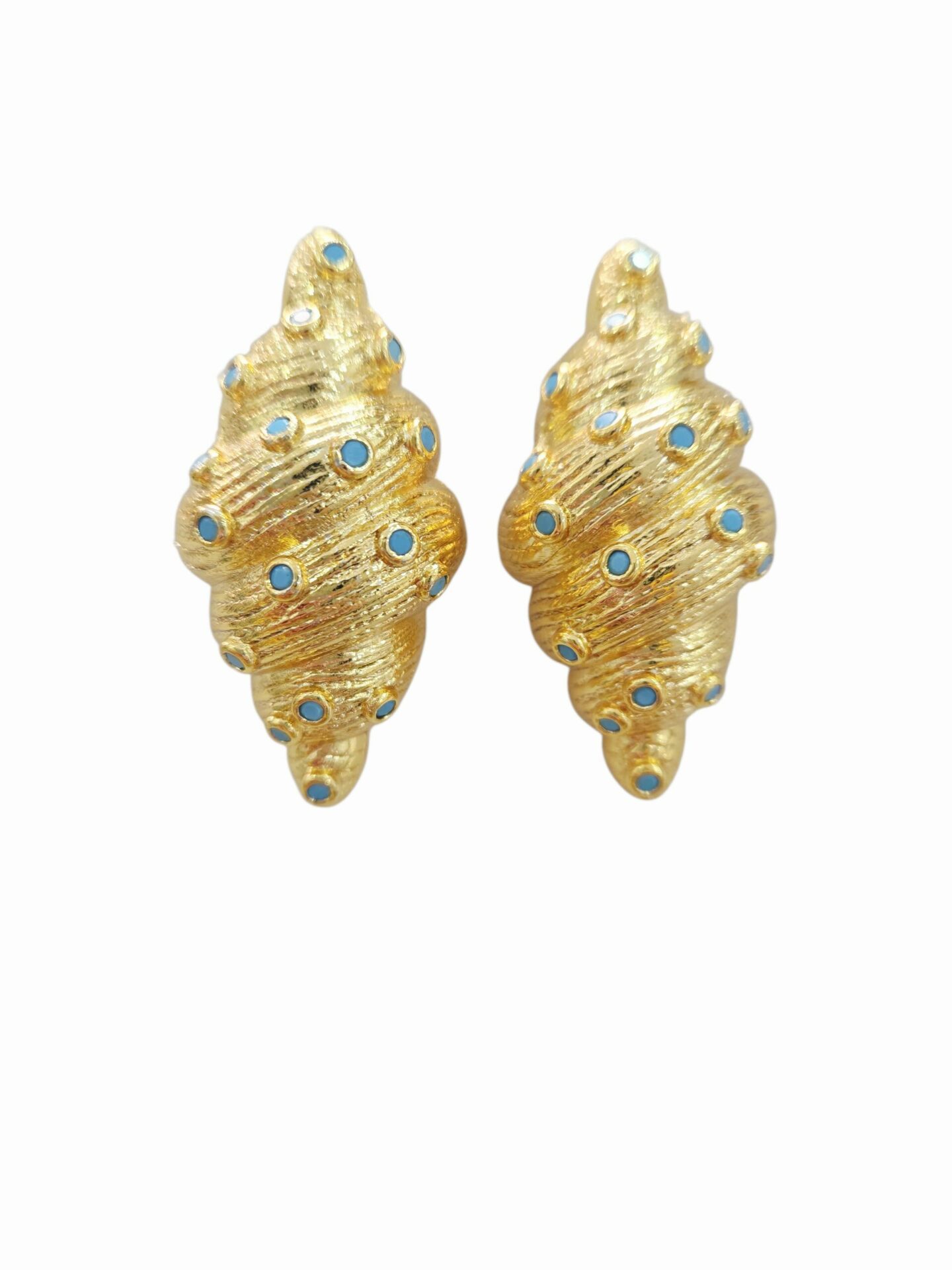 Orecchini  conchiglie lobo in ottone con striature e zirconi turchesi incastonati lunghezza 3.5cm peso 8.4gr Spedizione Gratuita