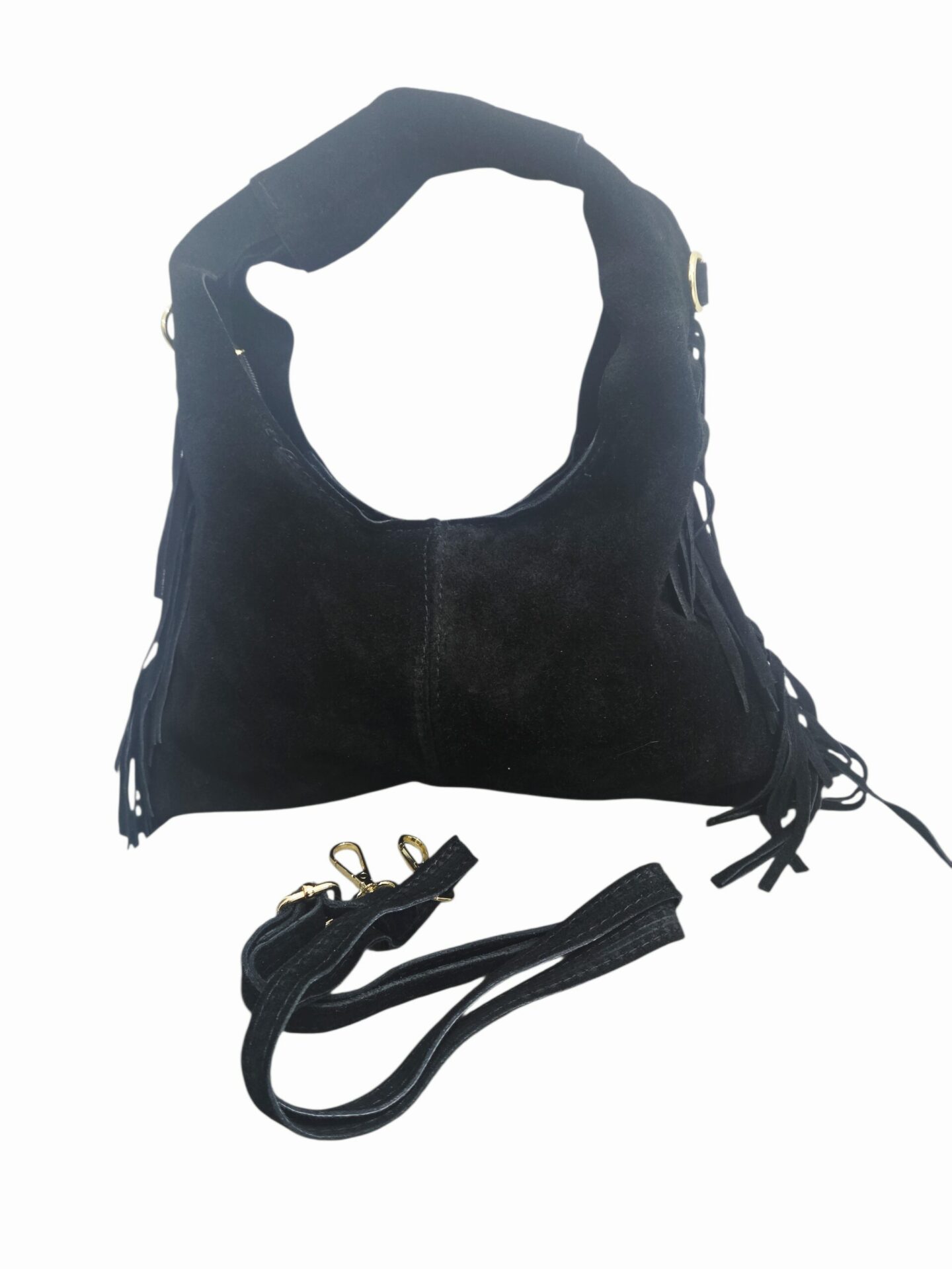 Borsa in camoscio nera,vera pelle made in italy,con frange laterali,dotata di tracolla chiusura con zip.misure L34 H18 Spedizione Gratuita