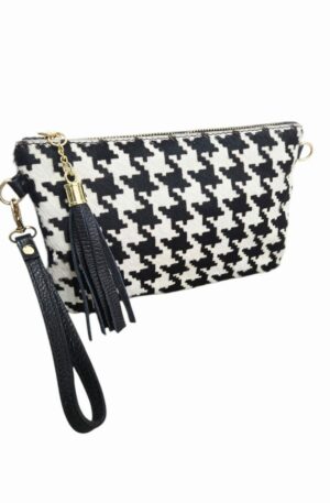 Tracollina in cavallino bianco nero e vera pelle, con polsiera, tracolla e nappina, made Italy, misure L 24 H15 Spedizione Gratuita