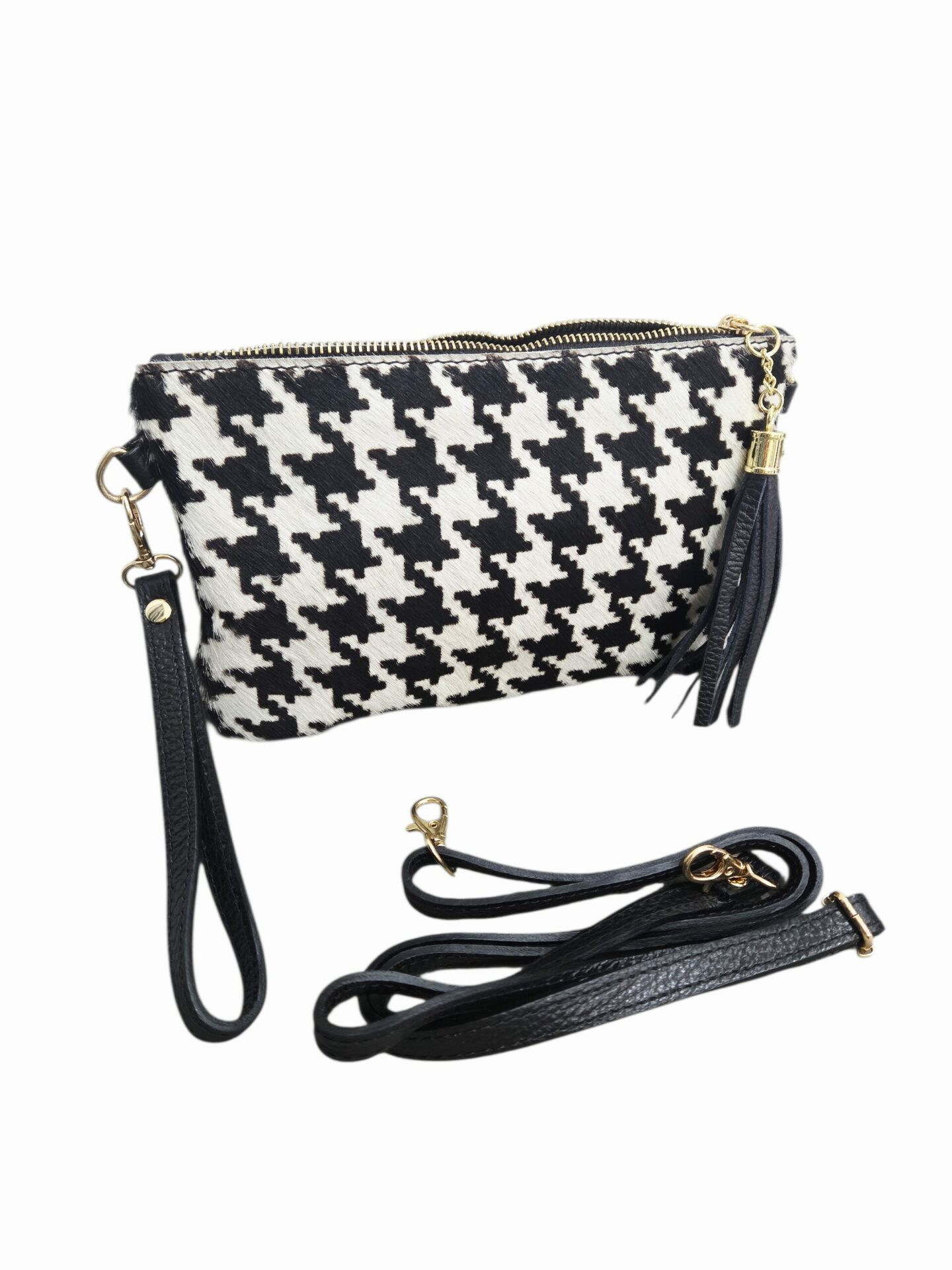 Tracollina in cavallino bianco nero e vera pelle, con polsiera, tracolla e nappina, made Italy, misure L 24 H15 Spedizione Gratuita