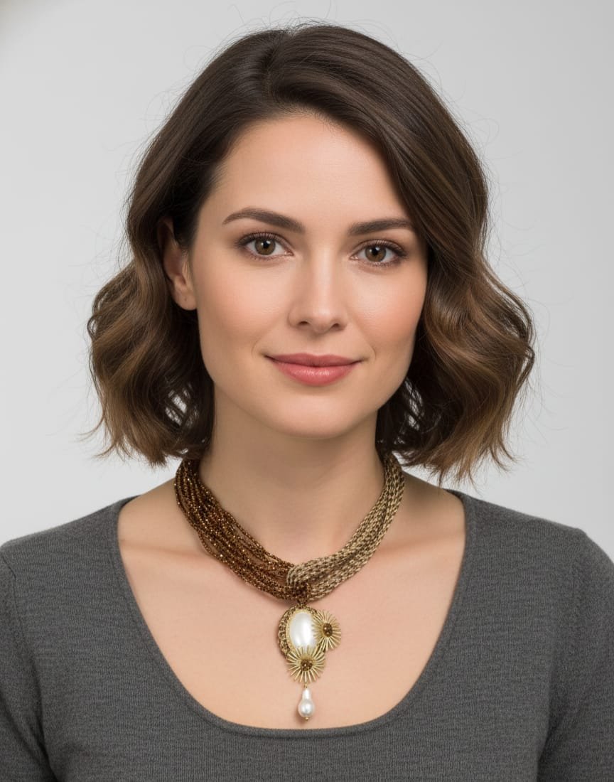Choker necklace made of fabric and carved brown zirconia, pendant made of gold elements and a scaramazza pearl. Adjustable length 45 cm. Free shipping Collana girocollo realizzata con tessuto e zirconi marroni intagliati,ciondolo realizzato con elementi dorati e perla scaramazza. lunghezza regolabile 45cm Spedizione Gratuita