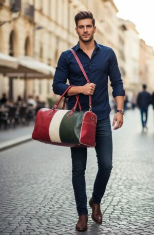 Borsone da viaggio/palestra in vera pelle,made Italy, dotato di tracolla,  interno foderato con doppie tasche laterali aperte e una laterale con zip,tacchetti sulla base.
misure L53 B25 H32 Spedizione Gratuita