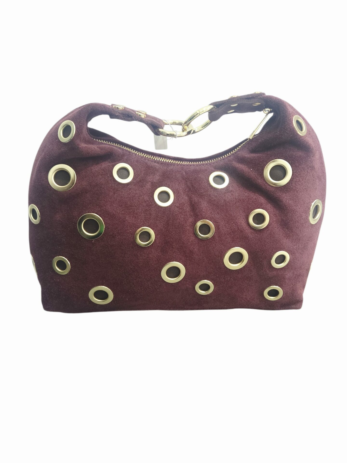 Borsa in camoscio con borchie dorate, vera pelle,made italy,  dotata di tracolla,tasca esterna con zip, interno foderato con tasche laterali, chiusura con zip. colore bordeaux scuro
misure L 31 B12 H190 Spedizione Gratuita