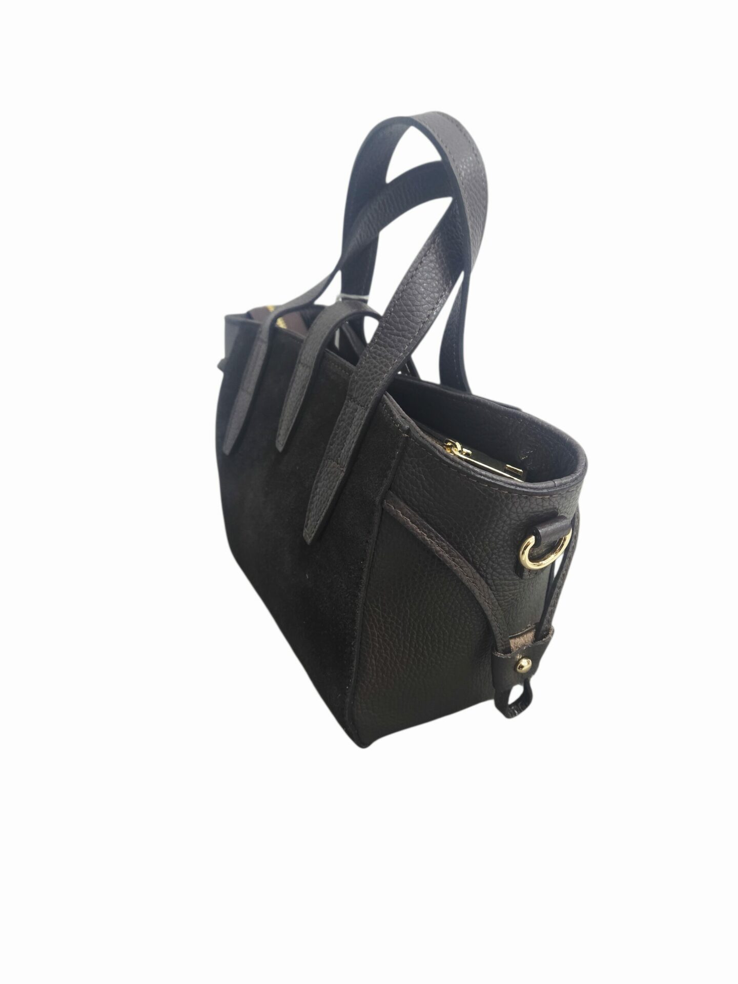 Borsa in vera pelle e camoscio marrone, made Italy,  dotata di tracolla, interno foderato con tasche laterali. Chiusura doppia con zip centrale. misure L 20 B 11 H 19 Spedizione Gratuita