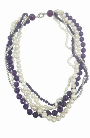 Collana girocollo multi fili in agata  e cristalli viola, ematite e perle di fiume. Spedizione Gratuita