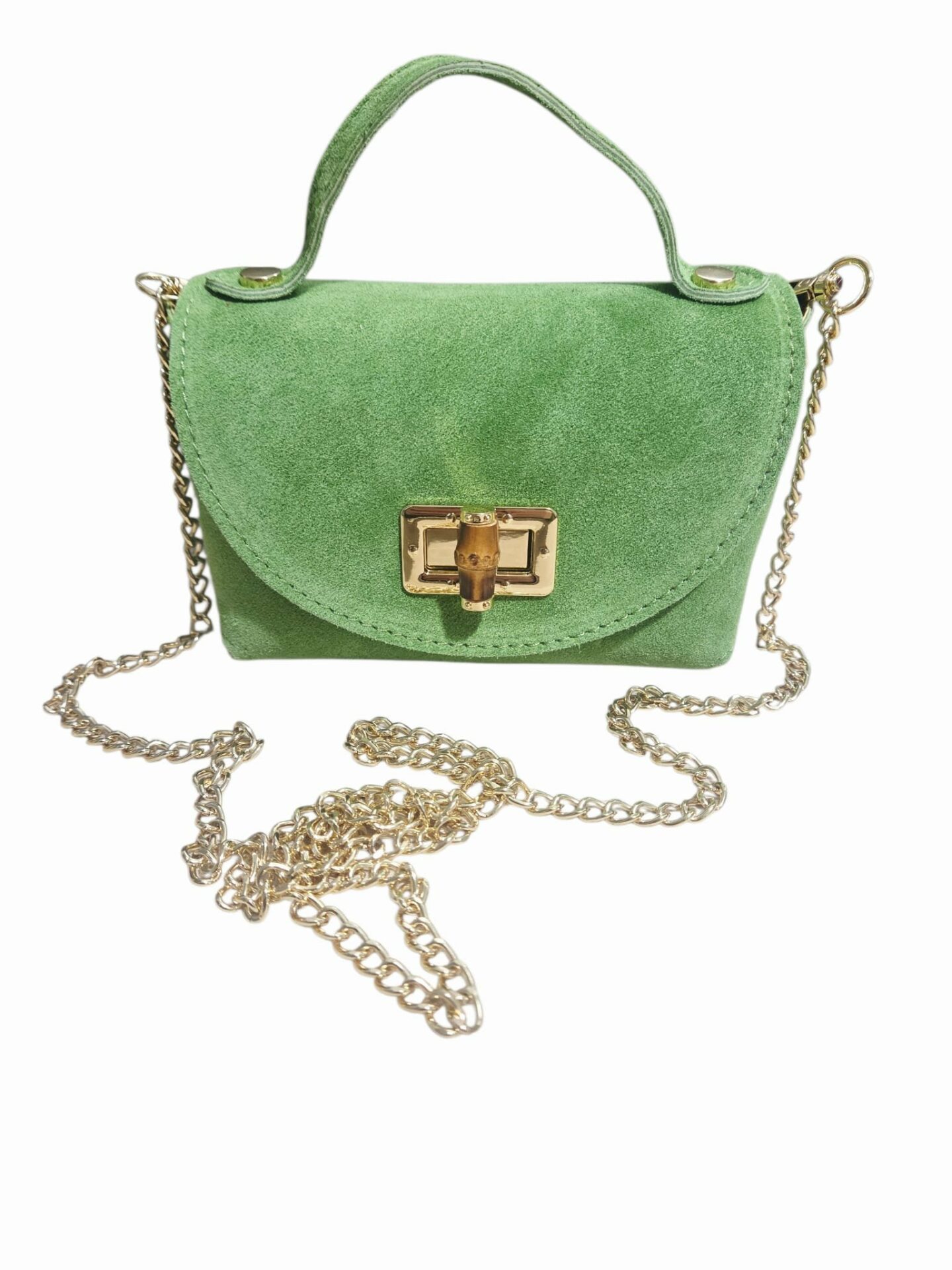 Suede shoulder bag with gold chain and bone closure. Size L16 W8 H10. Suede, genuine leather, made in Italy. Free shipping Tracollina in suede con catenella dorata,chiusura in osso. Misura L16 B8 H10. Camoscio,vera pelle,made Italy. Spedizione Gratuita
