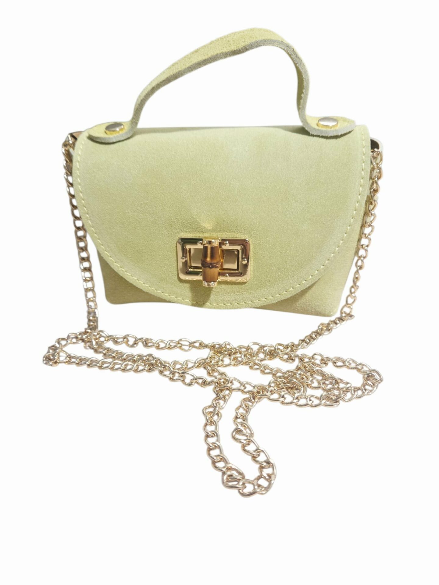 Suede shoulder bag with gold chain and bone closure. Size L16 W8 H10. Suede, genuine leather, made in Italy. Free shipping Tracollina in suede con catenella dorata,chiusura in osso. Misura L16 B8 H10. Camoscio,vera pelle,made Italy. Spedizione Gratuita