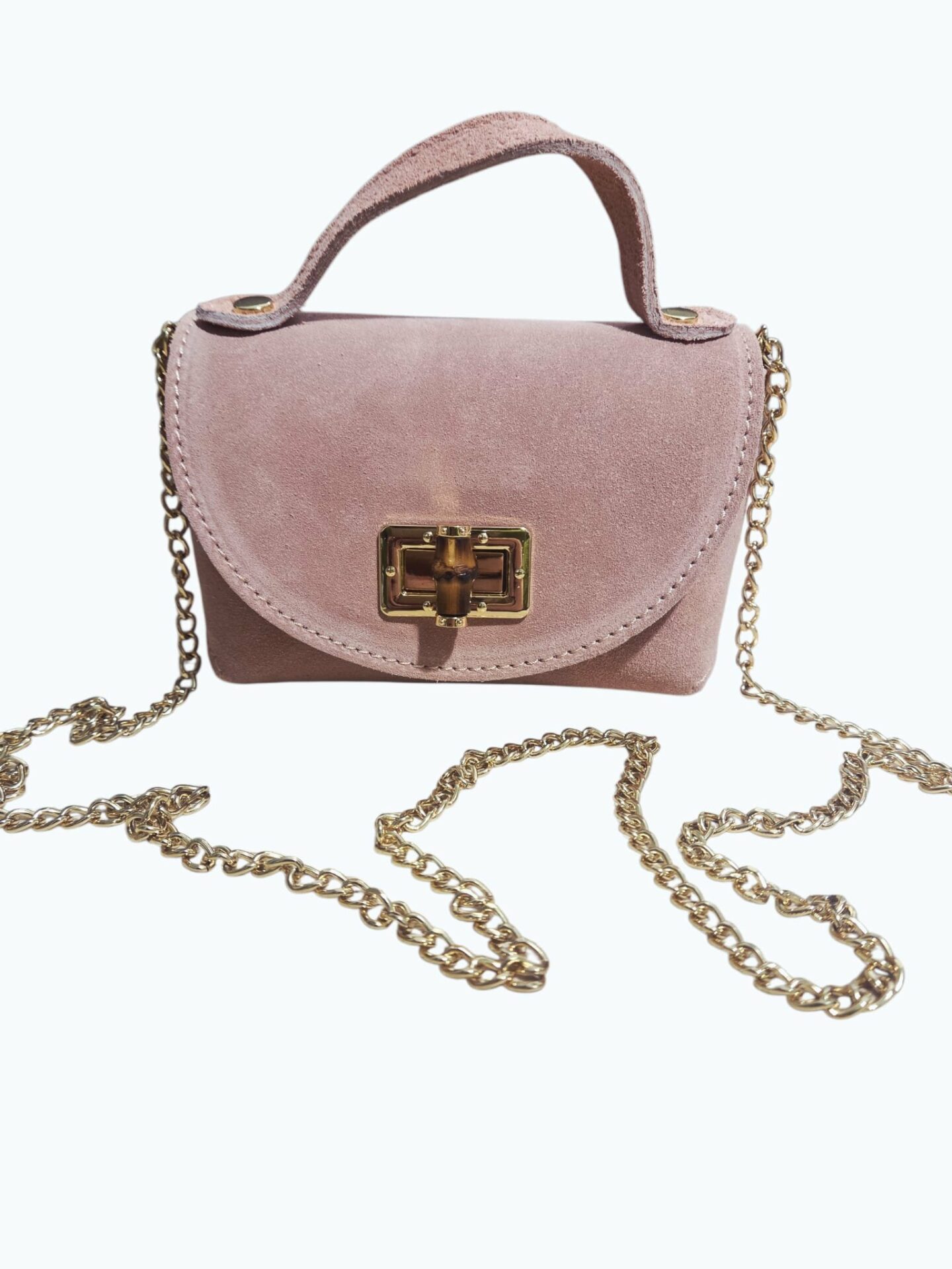 Suede shoulder bag with gold chain and bone closure. Size L16 W8 H10. Suede, genuine leather, made in Italy. Free shipping Tracollina in suede con catenella dorata,chiusura in osso. Misura L16 B8 H10. Camoscio,vera pelle,made Italy. Spedizione Gratuita
