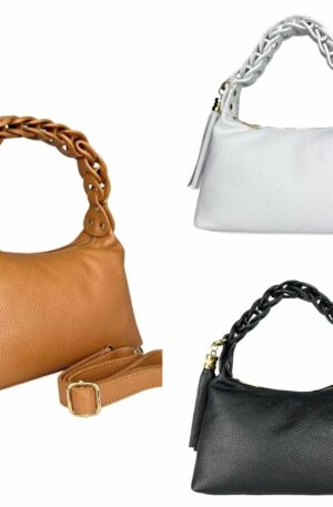 Borsa in vera pelle , made italy, con manico intreccio,dotata di tracolla,interno foderato con tasche laterali. Misure H16 B12 L 27 Spedizione Gratuita