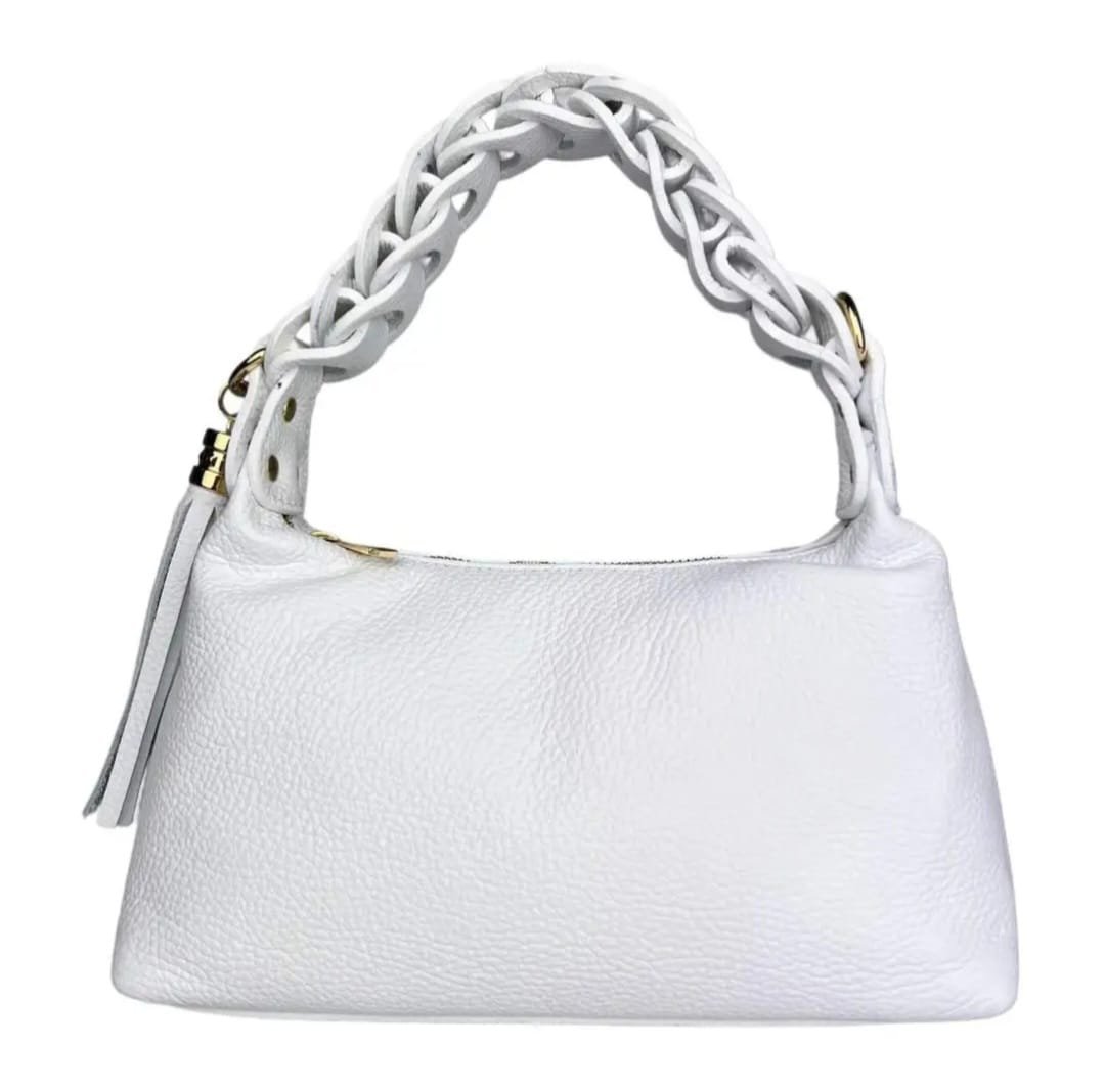 Genuine leather bag, made in Italy, with woven handle, shoulder strap, lined interior with side pockets. Dimensions: H16 W12 L27 Free shipping Borsa in vera pelle , made italy, con manico intreccio,dotata di tracolla,interno foderato con tasche laterali. Misure H16 B12 L 27 Spedizione Gratuita