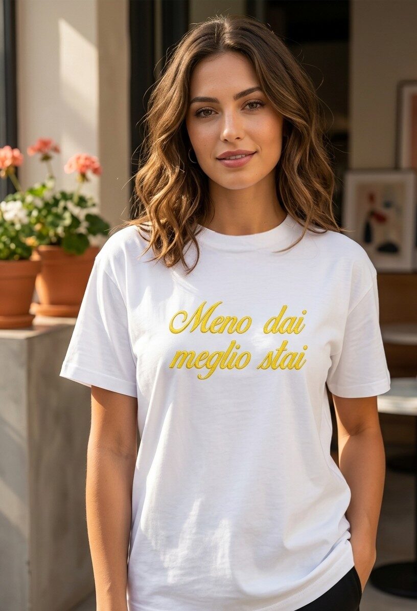 T shirt manica corta con scritta ricamata “meno dai meglio stai” taglia unica, vestibilità morbida.
composizione 95% cotone 5% elastame Spedizione Gratuita T shirt manica corta con scritta ricamata “meno dai meglio stai” taglia unica, vestibilità morbida.
composizione 95% cotone 5% elastame Spedizione Gratuita