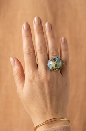 Anello regolabile su base in ottone con cactus dipinti su ceramica di Caltagirone. Spedizione Gratuita