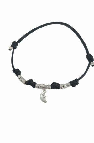 Bracciale modello dodo regolabile,unisex, realizzato con tessuto nero lavabile,dadini e ciondolo luna in argento925 Spedizione Gratuita