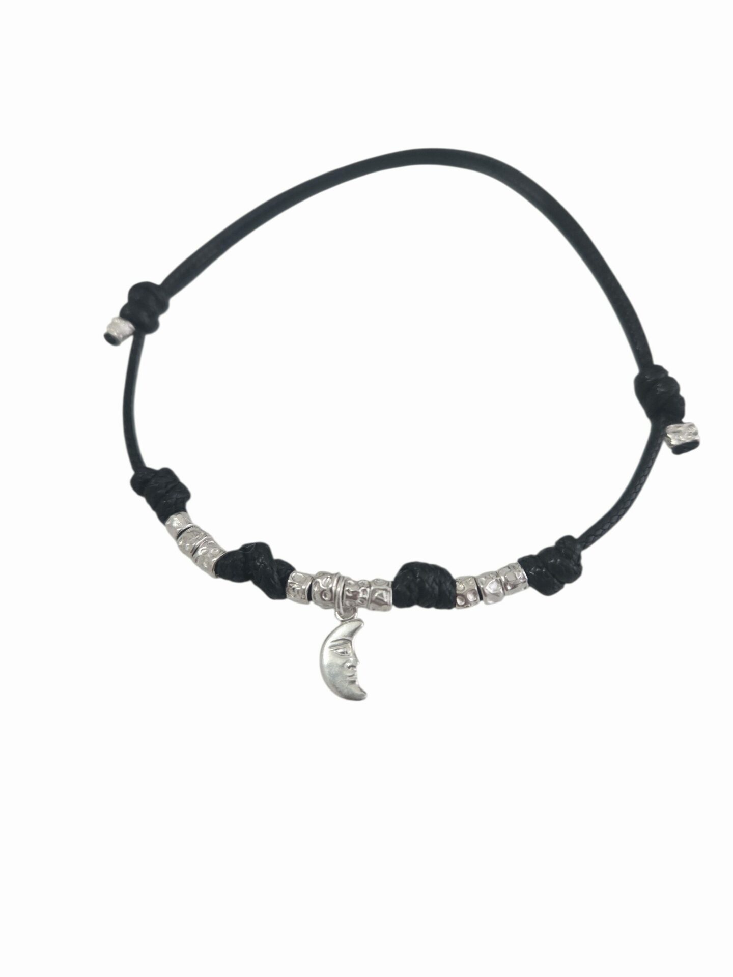 Bracciale modello dodo regolabile,unisex, realizzato con tessuto nero lavabile,dadini e ciondolo luna in argento925 Spedizione Gratuita