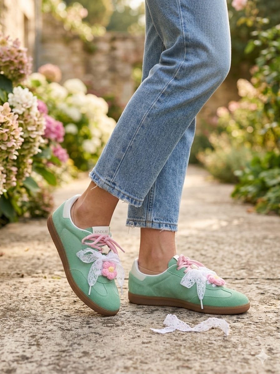 Green suede sneakers with double pink and lace laces, removable star and flower appliques. Comfortable with a non-slip sole. Free shipping Sneakers scamosciate verdi con doppia lacci rosa ed in pizzo, applicazioni stella e fiore estraibili. Comode con suola antiscivolo. Spedizione Gratuita