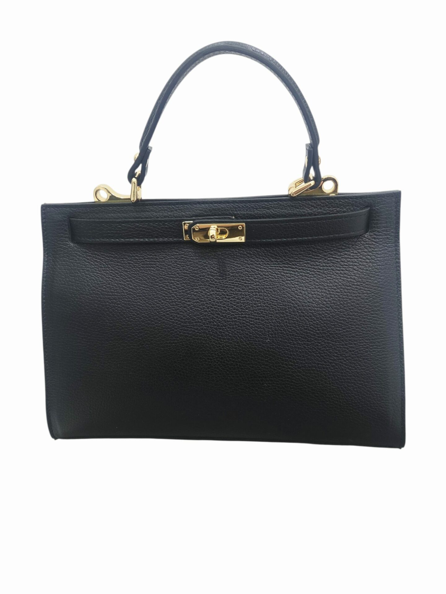 Genuine leather bag, made in Italy, with shoulder strap, single internal compartment with side zip pocket. Gold Hermes style closure. Color: Black. Dimensions: L 33 W 13 H 23 Free shipping Borsa in vera pelle,made Italy, dotata di tracolla,interno scomparto unico con tasca con zip laterale. chiusura dorata modello hermes. colore neromisure L33 B13 H23 Spedizione Gratuita