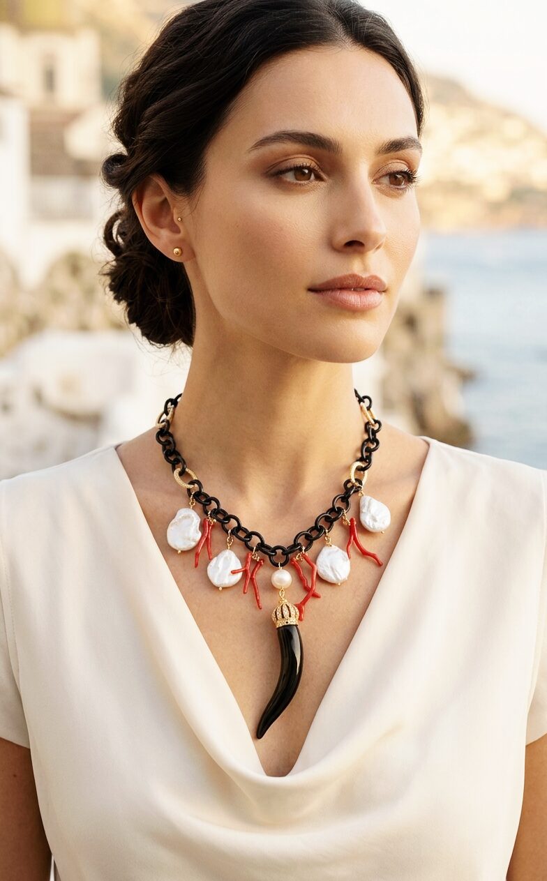 Collana girocollo regolabile realizzata con rametti di corallo rosso, perle scaramazze piatte, perla barocca, corno nero in ceramica di Caltagirone con corona dorata con zirconi. Catena anallergica nera e dorata.
lunghezza 52cm Spedizione Gratuita Collana girocollo regolabile realizzata con rametti di corallo rosso, perle scaramazze piatte, perla barocca, corno nero in ceramica di Caltagirone con corona dorata con zirconi. Catena anallergica nera e dorata.
lunghezza 52cm Spedizione Gratuita