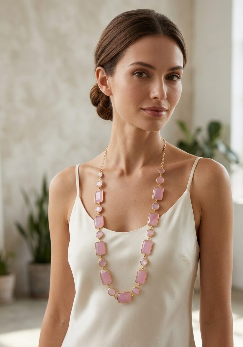 Collana realizzata con piastre rettangolari e tonde in occhio di gatto circondate da ottone. Possibilità si farla sia girocollo che lunga. 
Colore rosa
Lunghezza 71cm Spedizione Gratuita