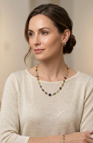 Collana girocollo con quarzi multicolore in varie forme circondati da ottone
lunghezza 55cm Spedizione Gratuita