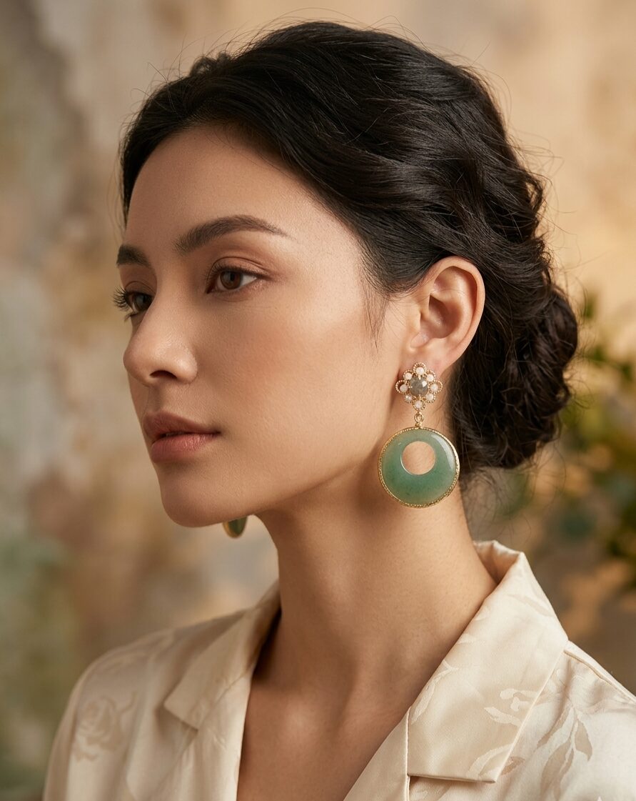 Earrings with green jade and neutral quartz mounted on brass, weight 9.1g, length 4.5cm Free shipping Orecchini con giada verde e quarzo neutro montati su ottonepeso 9.1grlunghezza 4.5cm Spedizione Gratuita