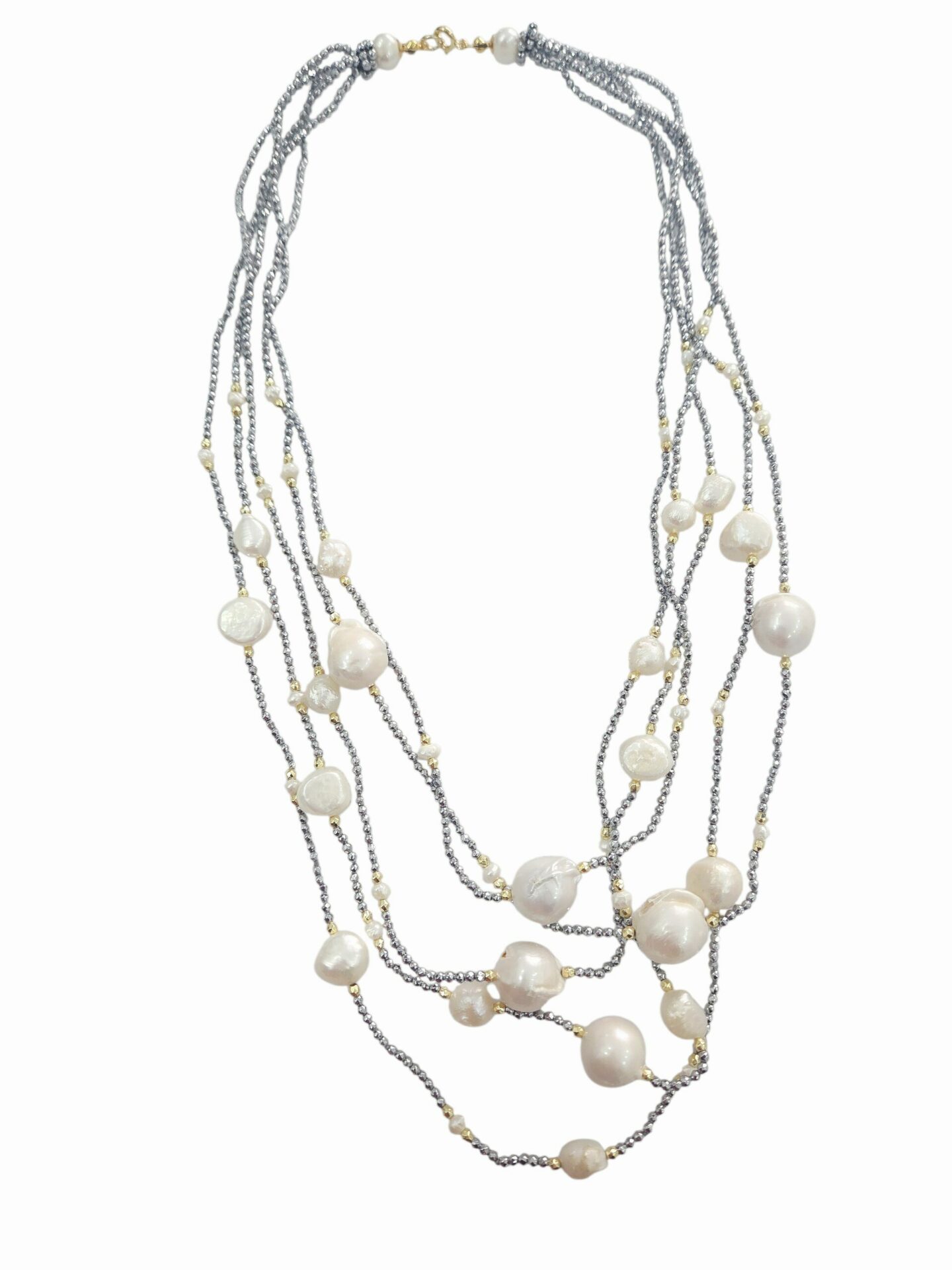 Collana realizzata con più fili di ematite, perle di fiume e perle barocche. chiusura in argento925 placcata oro
lunghezza 50cm Spedizione Gratuita Collana realizzata con più fili di ematite, perle di fiume e perle barocche. chiusura in argento925 placcata oro
lunghezza 50cm Spedizione Gratuita