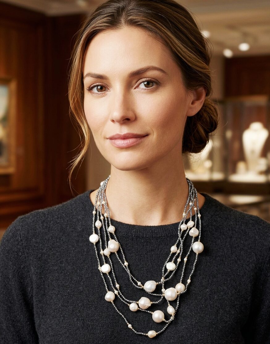 Necklace made with multiple strands of hematite, freshwater pearls, and baroque pearls. Gold-plated 925 silver clasp, length 50 cm. Free shipping Collana realizzata con più fili di ematite, perle di fiume e perle barocche. chiusura in argento925 placcata oro lunghezza 50cm Spedizione Gratuita