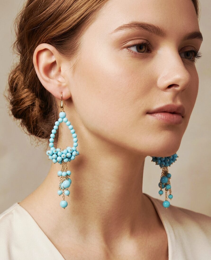 Handcrafted turquoise paste earrings. 925 silver gold-plated earwire. Weight: 7.9g. Length: 9.5cm. Free shipping Orecchini realizzati artigianalmente con pasta di turchese. monachella in argento925 placcata oro peso 7.9grlunghezza 9.5cm Spedizione Gratuita