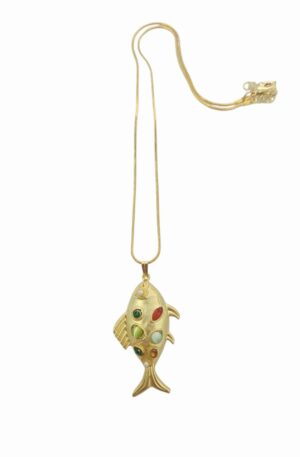Collana con pesciolino in ottone e pietre occhio di gatto multicolore, catena anallergica regolabile
lunghezza 45cm Spedizione Gratuita