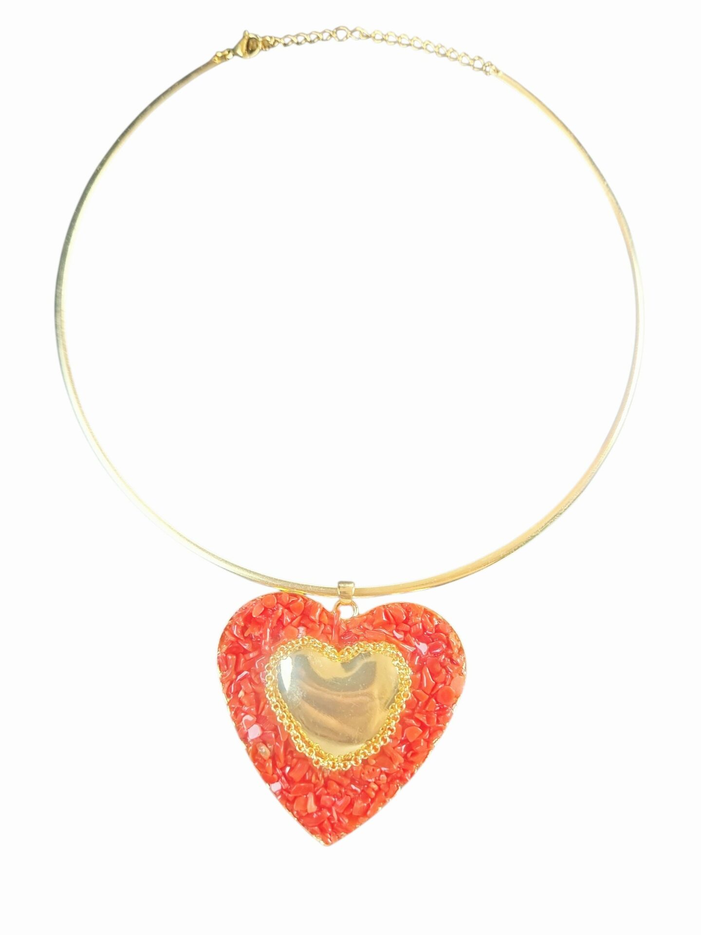 Collana girocollo in acciaio dorato regolabile con ciondolo cuore acciaio con scaglie di corallo Spedizione Gratuita