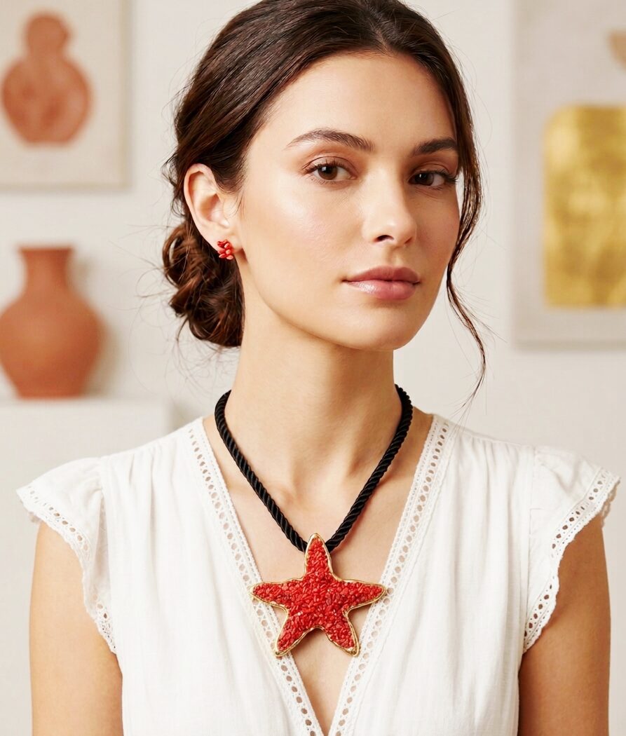 Collana realizzata con stella su base in ottone rivestita di coralli e cordone nero.
lunghezza regolabile 53cm
misura stella 8x11cm Spedizione Gratuita