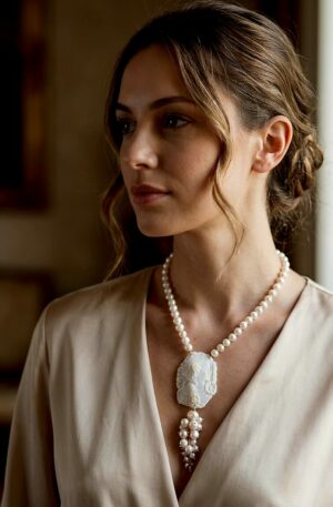 Collana girocollo regolabile realizzata con perle di fiume e cammeo di Torre del Greco con volto scolpito.
lunghezza collana 53cm
lunghezza ciondolo 13cm Spedizione Gratuita