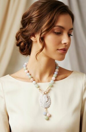 Collana girocollo realizzata con morganite,perle di fiume e cammeo di Torre del Greco,chiusura in acciaio
lungheza 50cm
lunghezza ciondolo 11cm Spedizione Gratuita