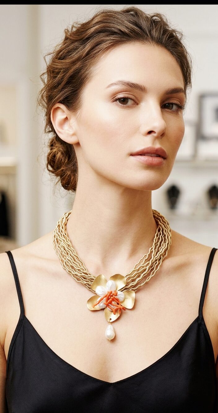 Choker necklace handcrafted with brass and mother-of-pearl flower fabric, coral and scaramazza pearl. Length 49cm Free shipping Collana girocollo realizzata artigianalmente con tessuto fiore in ottone e madreperla,corallo e perla scaramazza.lunghezza 49cm Spedizione Gratuita