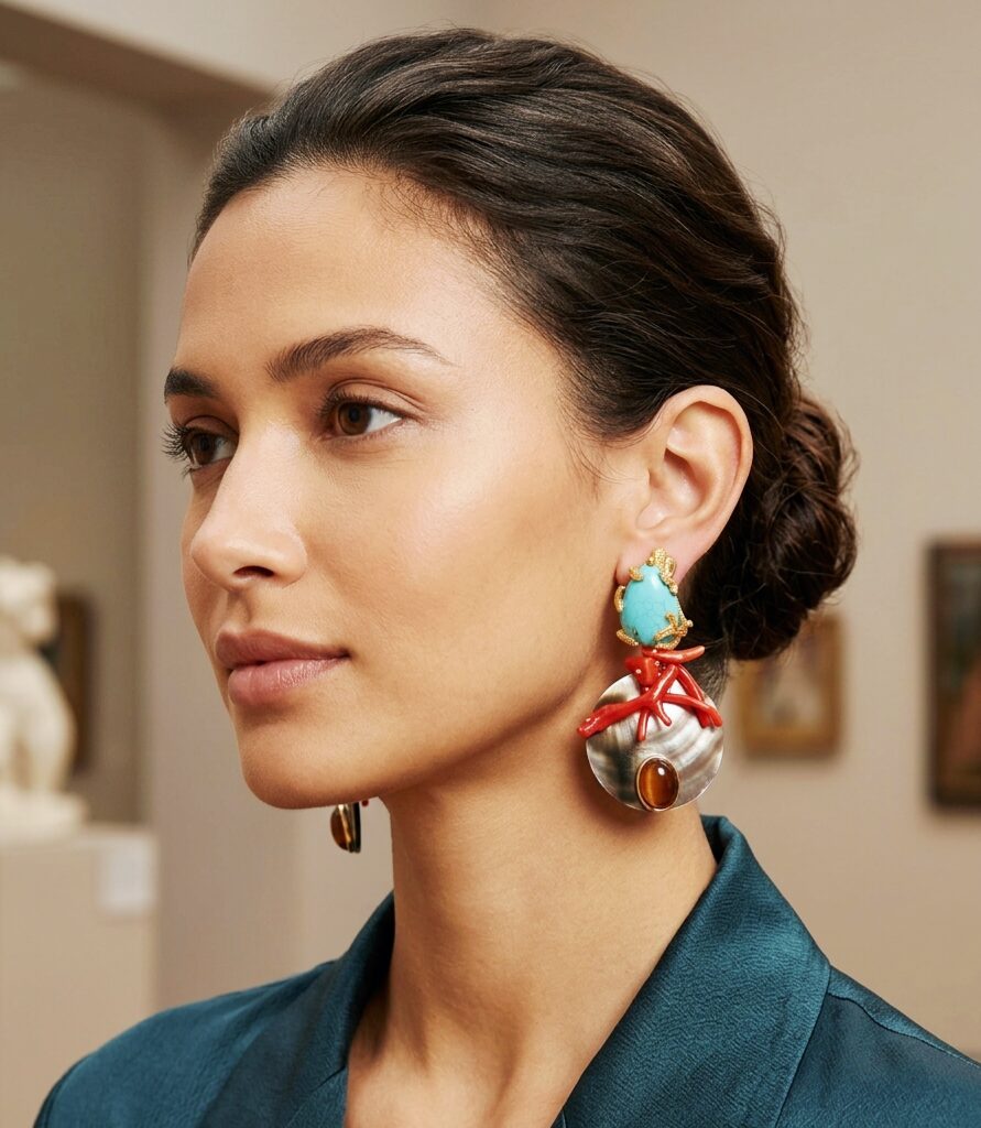 Earrings made with coral branches, mother-of-pearl, and amber cat's eye. Brass base pin with turquoise. Weight: 8g. Length: 5cm. Free shipping Orecchini realizzati con rametti di corallo, madreperla ed occhio di gatto ambrato.Perno su base in ottone con turchesepeso 8grlunghezza 5cm Spedizione Gratuita