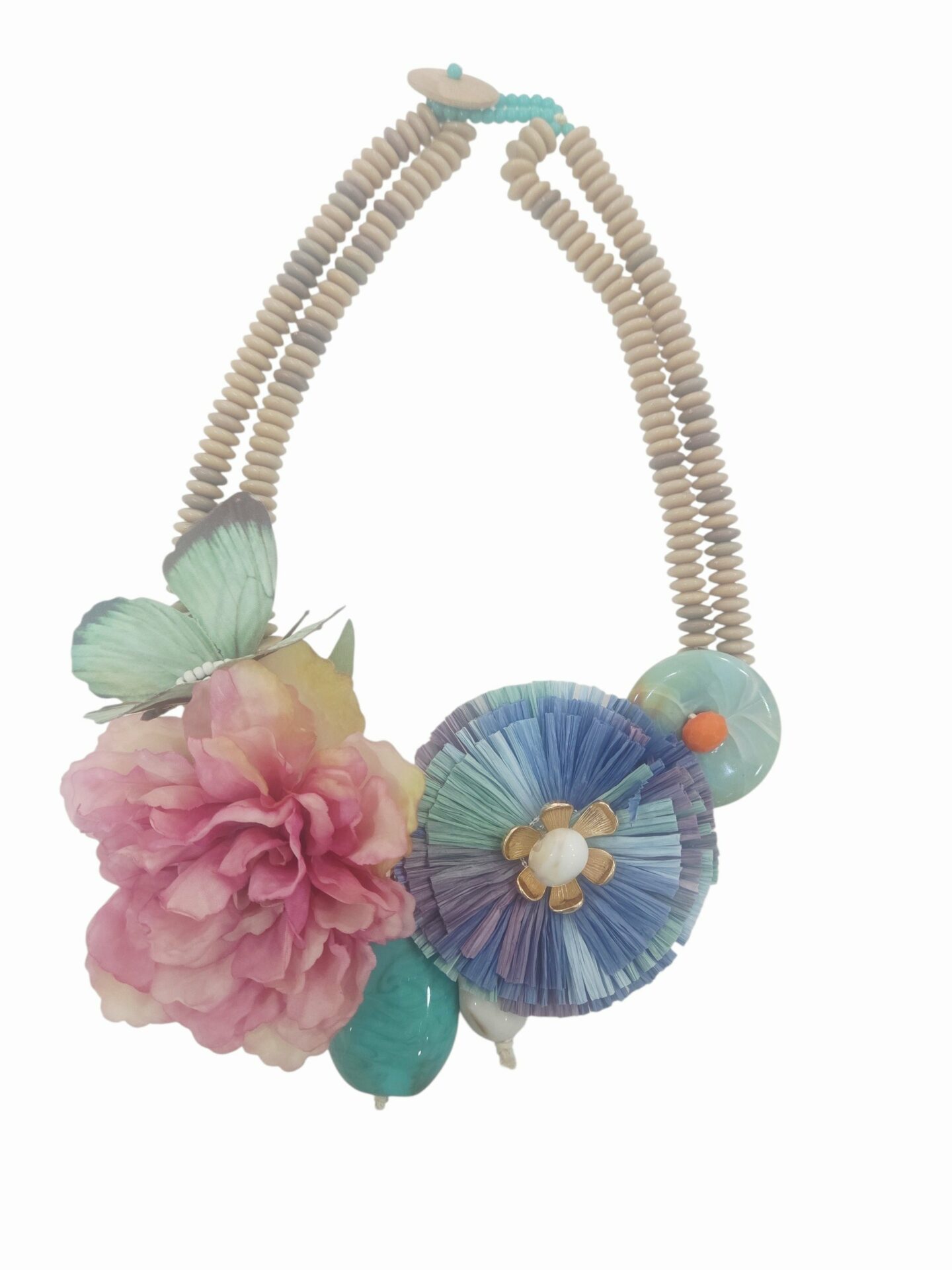 Collana girocollo realizzata con resine ,rafia e fiore e farfalla in tessuto.
lunghezza 50cm Spedizione Gratuita