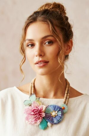 Collana girocollo realizzata con resine ,rafia e fiore e farfalla in tessuto.
lunghezza 50cm Spedizione Gratuita